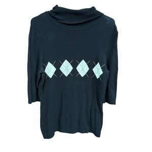 INC International Concepts Petite Black Argyle Turtleneck 3/4 Sleeve Sweater‎ S